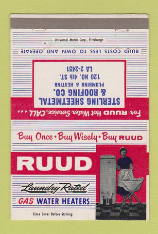 Matchbook Cover - Rudd Laundry Water Heaters Sheet Metal 40 Strike