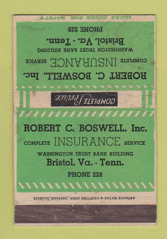 Matchbook Cover - Robert Boswell Insurance Bristol VA TN ADVANCE WEAR 40 Strike