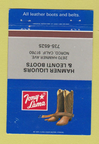 Matchbook Cover - Tony Lama Cowboy Boots Hamner Liquors Norco CA 40 Strike