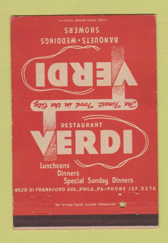 Matchbook Cover - Verdi Restaurant Philadelphia PA 40 Strike