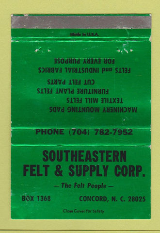 Matchbook Cover - Southeastern Felt & Supply Concord NC 40 Strike