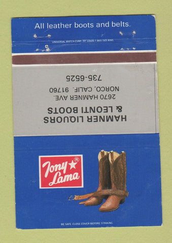 Matchbook Cover - Tony Lama Cowboy Boots Hamner Liquors Norco CA WEAR 40 Strike