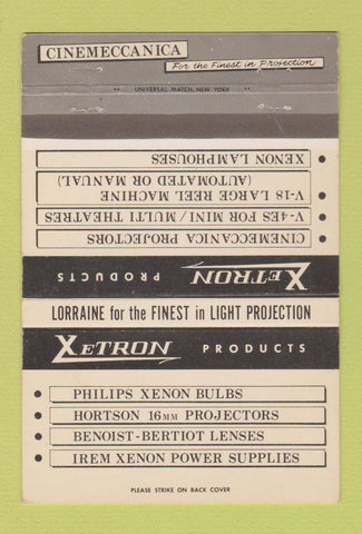 Matchbook Cover - Xetron light bulbs lenses projectors Cedar Knolls NJ 40 Strike