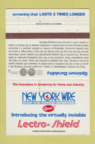 Matchbook Cover - New York Wire Door Window Screens York PA 40 Strike