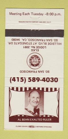 Matchbook Cover - Elks Lodge South San Francisco CA 30 Strike