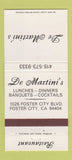Matchbook Cover - De Martini's Restaurant Foster City LA 30 Strike