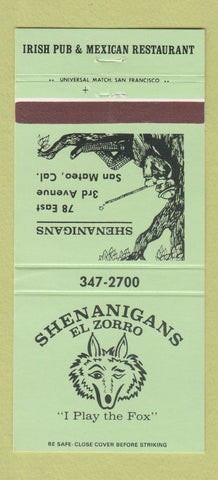 Matchbook Cover - Shenanigans El Zorro Mexican San Mateo CA 30 Strike