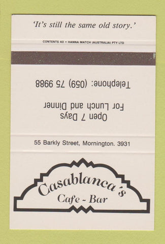 Matchbook Cover - Casablanca's Cafe Bar Mornington Australia SAMPLE 40 Strike