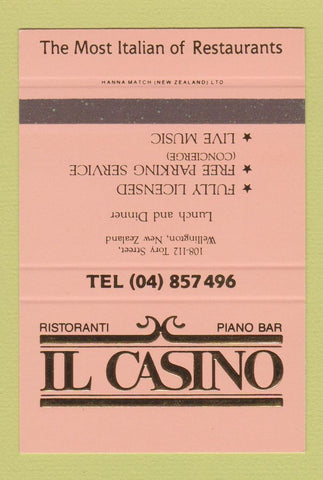 Matchbook Cover - Il Casino Italian Wellington New Zealand SAMPLE 40 Strike
