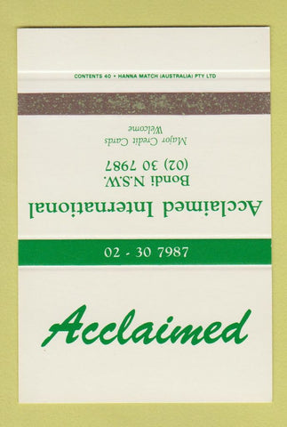 Matchbook Cover - Acclaimed International Bondi Australia SAMPLE 40 Strike