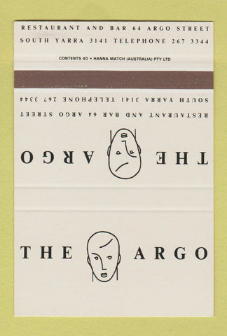 Matchbook Cover - The Argo Restaurant South Yarra Australia SAMPLE 40 Strike