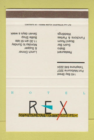 Matchbook Cover - Rex Hotel Port Melbourne Australia SAMPLE 40 Strike