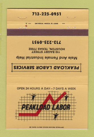 Matchbook Cover - Peakload Labor Temp Work Houston TX 40 Strike