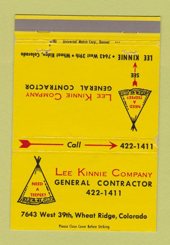 Matchbook Cover - Lee Kinnie Contractor Wheat Ridge Colorado Tepee 40 Strike