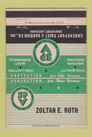 Matchbook Cover - Shreveport Paint Varnish LA Zolan Roth 40 Strike