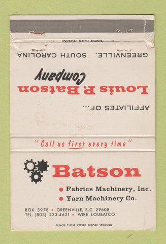 Matchbook Cover Louis Batson Fabric Machinery Yarn Greenville SC WORN 40 Strike
