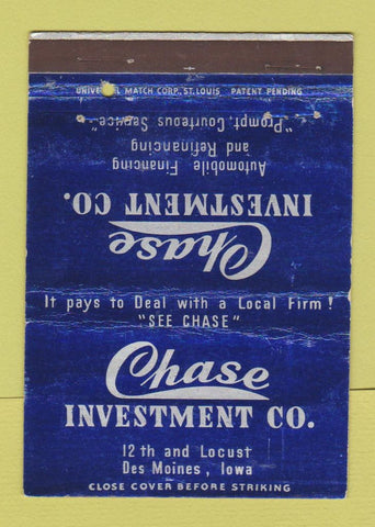 Matchbook Cover - Chase Investments Des Moines IA auto loans WEAR 40 Strike