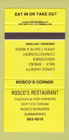 Matchbook Cover - Rosco's Restaurant Dresden ON 30 Strike