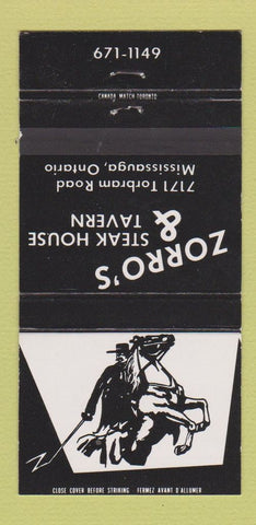 Matchbook Cover - Zorro's Steak House Tavern Mississauga ON 30 Strike