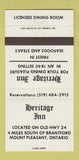 Matchbook Cover - Heritage Inn Mount Pleasant ON 30 Strike