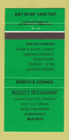 Matchbook Cover - Rosco's Restaurant Dresden ON 30 Strike
