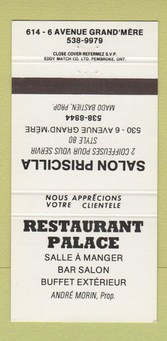 Matchbook Cover - Restaurant Palace Grand Mere QC Salon Priscilla 30 Strike