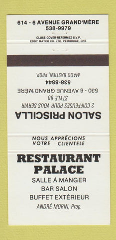 Matchbook Cover - Restaurant Palace Grand Mere QC Salon Priscilla 30 Strike