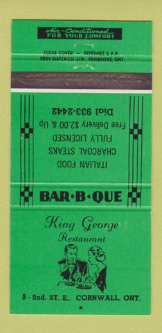 Matchbook Cover - King George BBQ Restaurant Cornwall ON 30 Strike