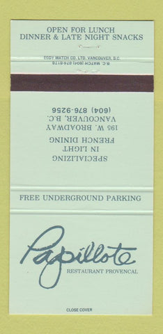 Matchbook Cover - Papillote Restaurant Vancouver BC 30 Strike