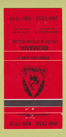 Matchbook Cover - Romana Pizza Steak House Burnaby Mission BC 30 Strike