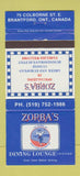 Matchbook Cover - Zorba's Restaurant Greek Brantford ON 30 Strike