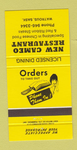 Matchbook Cover - New Cameo Restaurant Watrous SK YELLOW 30 Strike