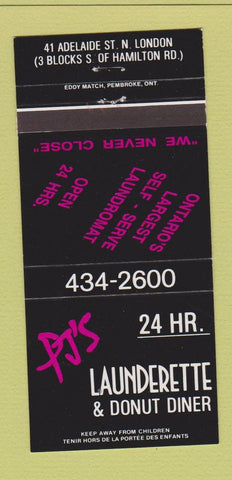 Matchbook Cover - PJ's Launderette Donut Diner North London ON 30 Strike