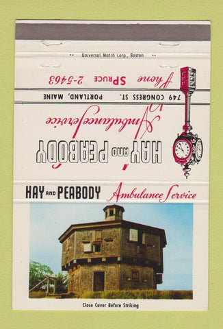 Matchbook Cover - Hay Peabody Ambulance Portland ME #2 building 40 Strike