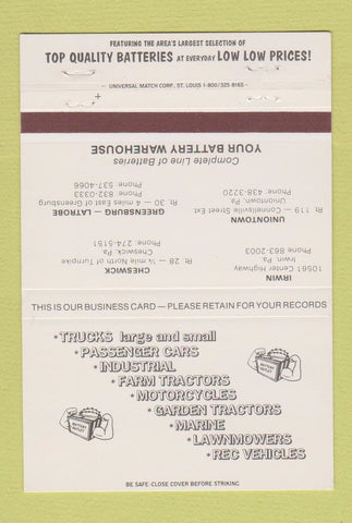Matchbook Cover - Car Batteries Cheswick PA Irwin Uniontown Greensburg 40 Strike