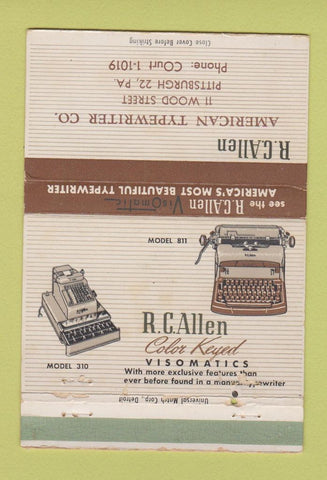 Matchbook Cover - RC Allen Typewriter Cash Register Pittsburgh PA 40 Strike