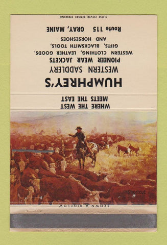 Matchbook Cover - Humphrey's Western Saddles Gray ME 40 Strike