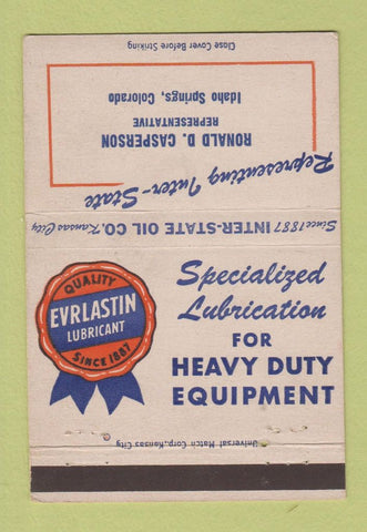 Matchbook Cover - Everlast Lubricant Idaho Springs Colorado Casperson 40 Strike