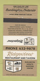 Matchbook Cover - Ridgeview Restaurant Tavern Burlington ON 30 Strike