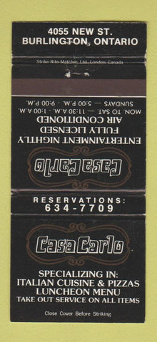 Matchbook Cover - Casa Carlo Italian Restaurant Burlington ON 30 Strike
