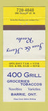 Matchbook Cover - 400 Grill Barrie ON 30 Strike