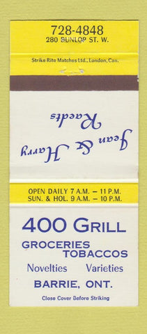 Matchbook Cover - 400 Grill Barrie ON 30 Strike
