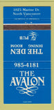 Matchbook Cover - The Avalon North Vancouver BC 30 Strike