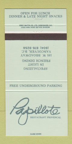 Matchbook Cover - Papillote Restaurant Vancouver BC French 30 Strike