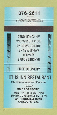 Matchbook Cover - Lotus Inn Restaurant Kamloops BC BLUE 30 Strike