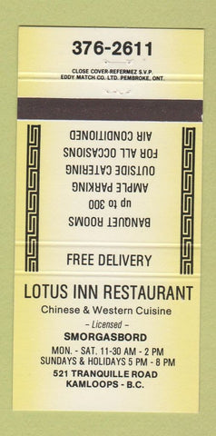 Matchbook Cover - Lotus Inn Restaurant Kamloops BC YELLOW 30 Strike