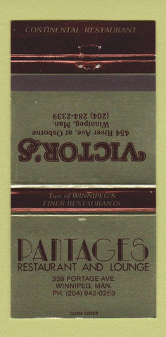 Matchbook Cover - Victor's Winnipeg MB Pantages  30 Strike