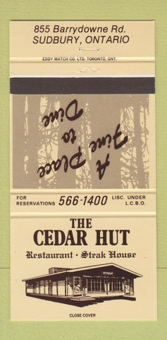Matchbook Cover - Cedar Hut Restaurant Steak Sudbury ON 30 Strike