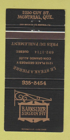 Matchbook Cover - Barnside Sirloin Pit Montreal QC 30 Strike