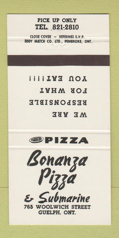 Matchbook Cover - Bonanza Pizza Guelph ON 30 Strike